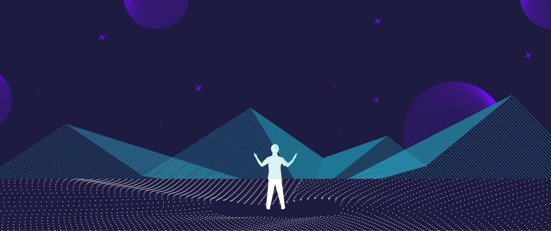 Businessman standing silhouette and Digital Contour curve dot and line and wave with wireframe. The concept for metaverse and VR technology vector