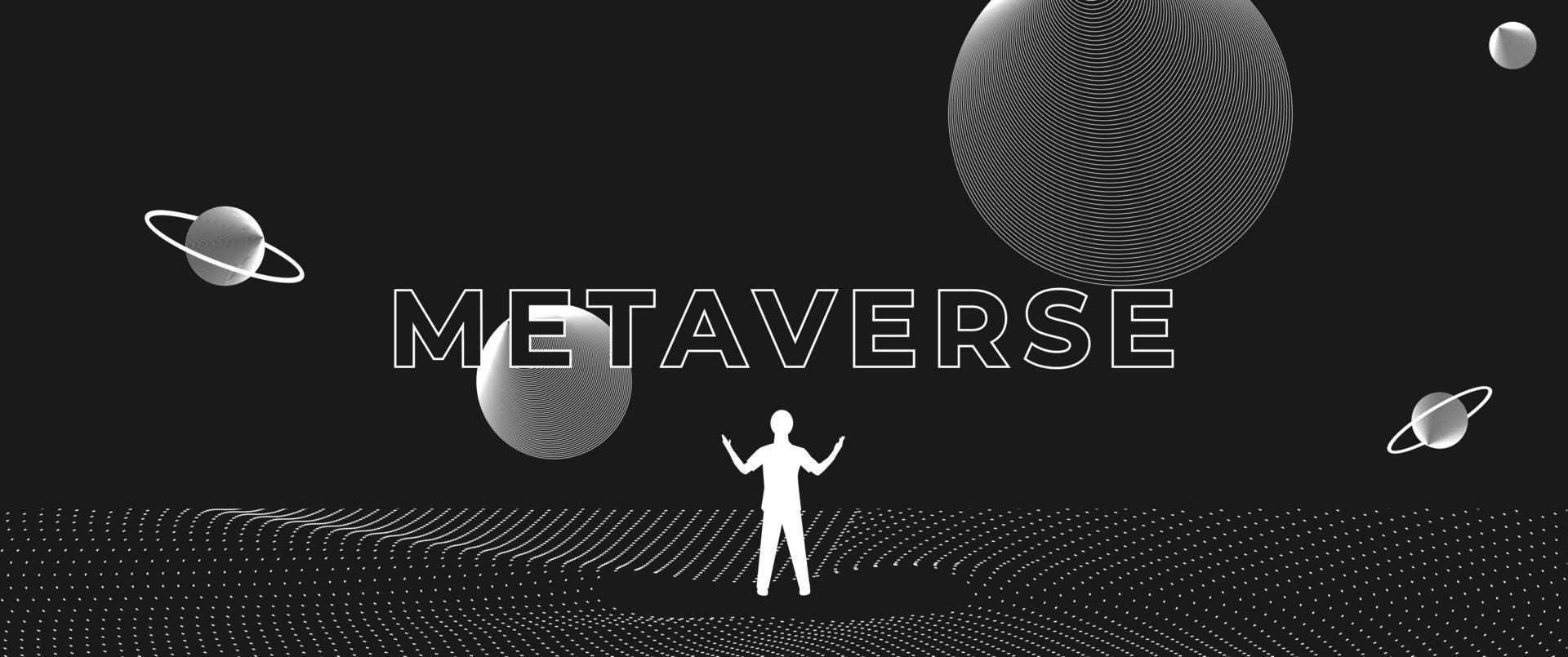 silueta de pie de hombre de negocios y punto de curva de contorno digital y línea y onda con estructura alámbrica. el concepto de metaverso y tecnología vr vector