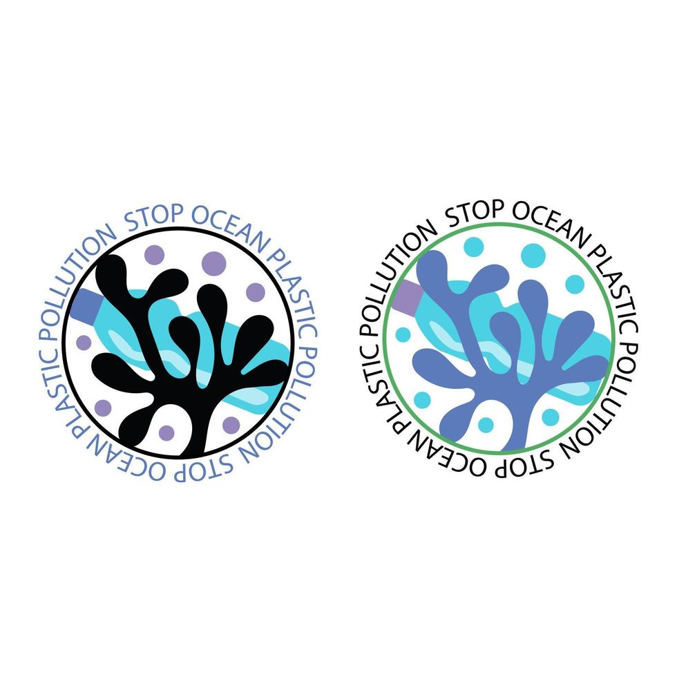 Emblem stop ocean plastic pollution. Round icons against ocean pollution and algae from plastic bottles vector logo