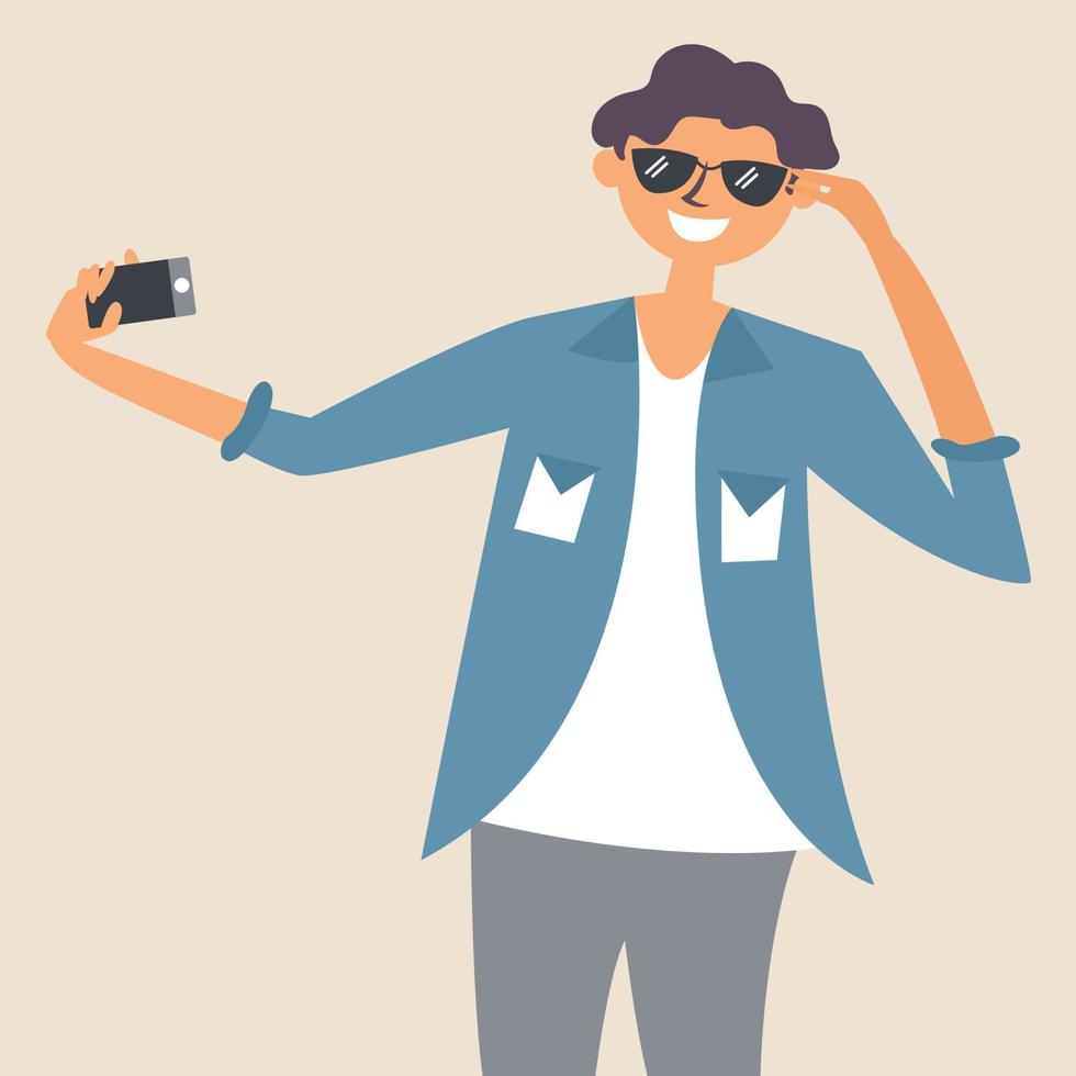 The guy in the sunglasses takes a selfie. Photographer vector