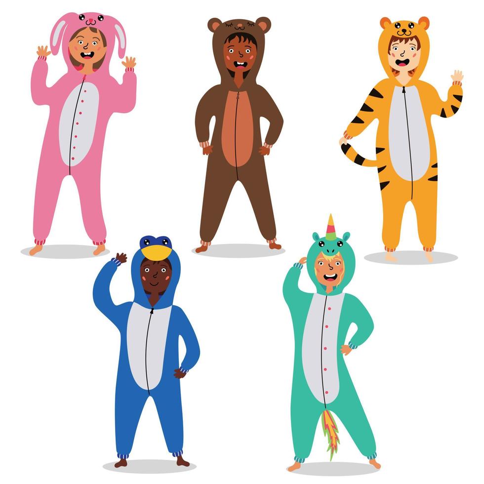 niños en pijama kigurumi vector