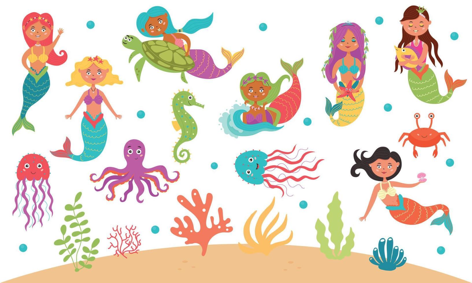 Large set of cute mermaids and sea creatures vector