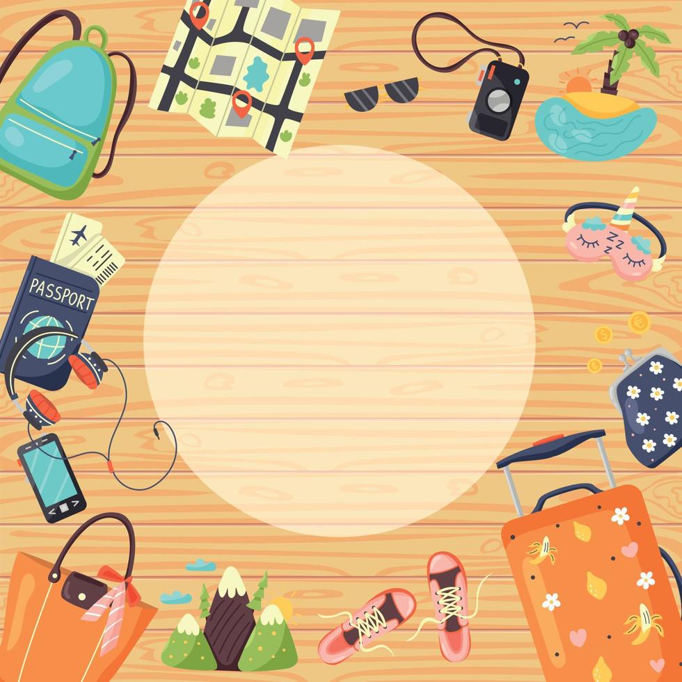 Wooden background frame with travel items vector