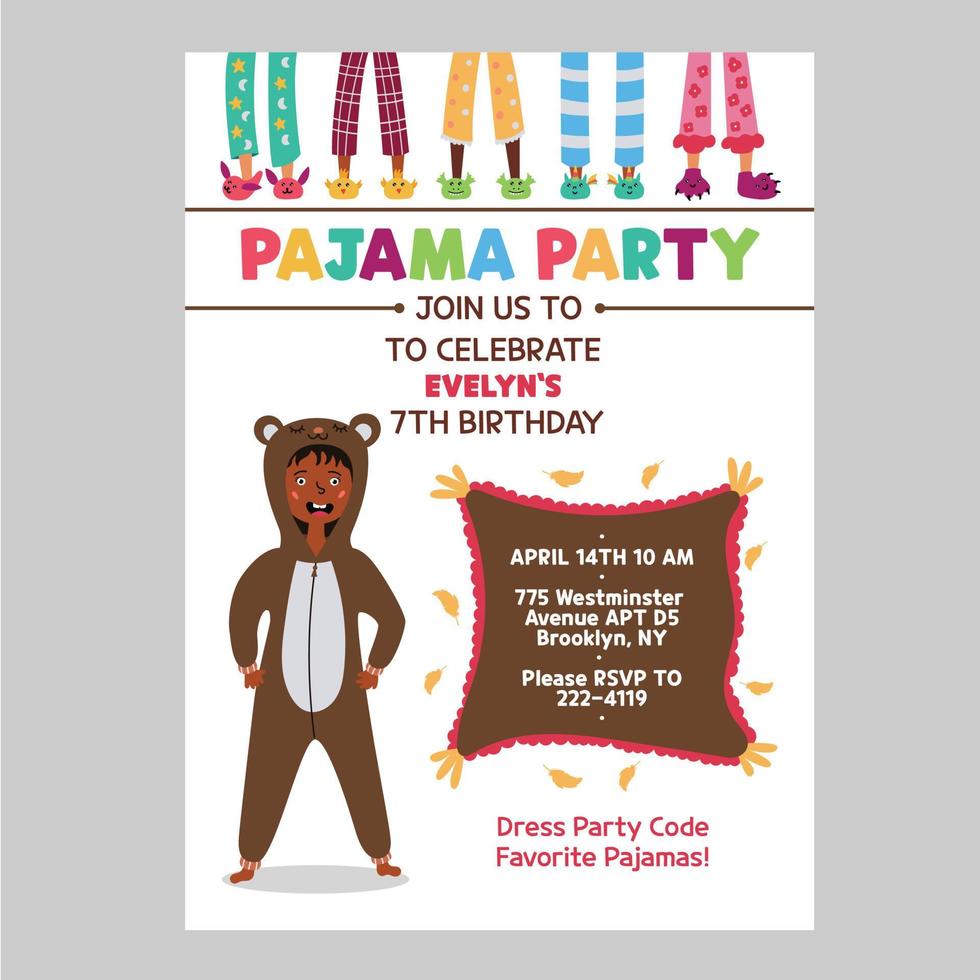 invitación de fiesta de pijamas para niños oso kigurumi vector