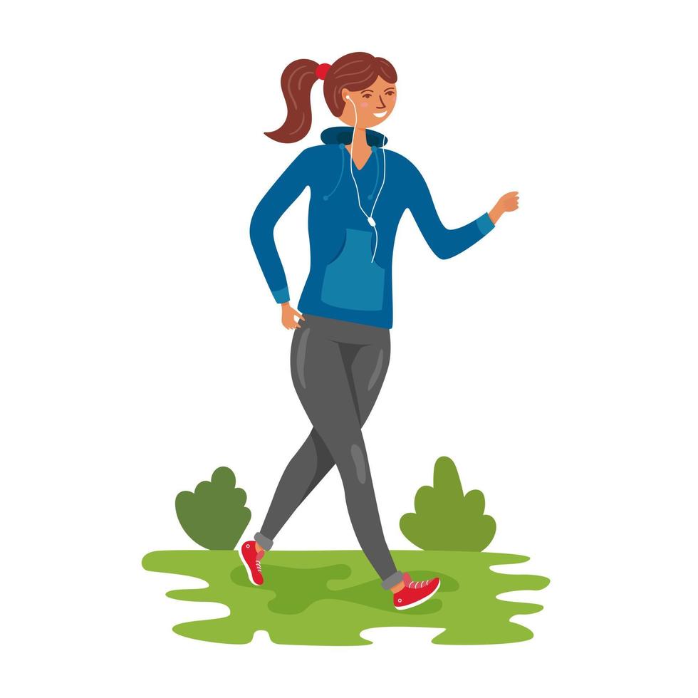 Girl runs in nature in a tracksuit. Man alone with nature. Outdoor activities and fresh air. Vector editable illustration