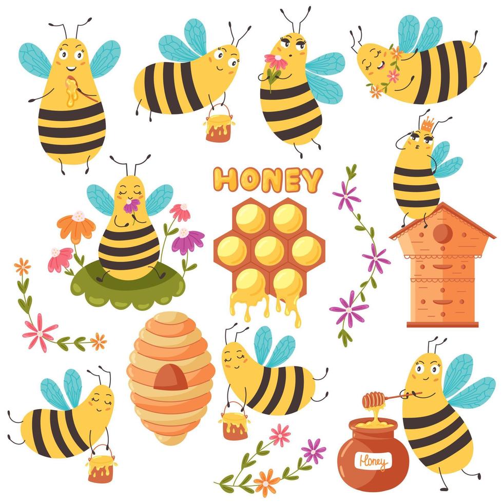 Set of cute bees and honey vector