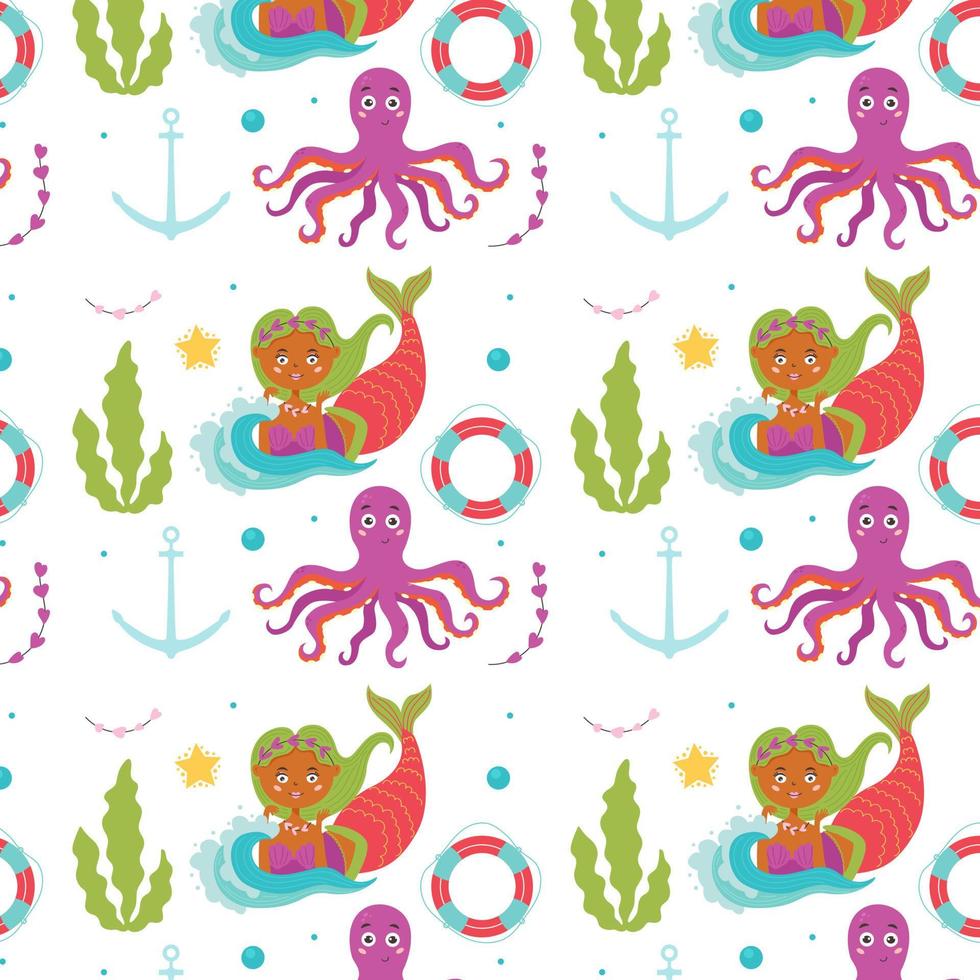 Marine baby pattern mermaid and octopus vector