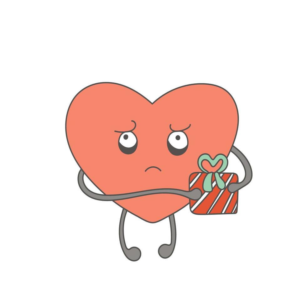 Sad heart character with a gift in his hands vector