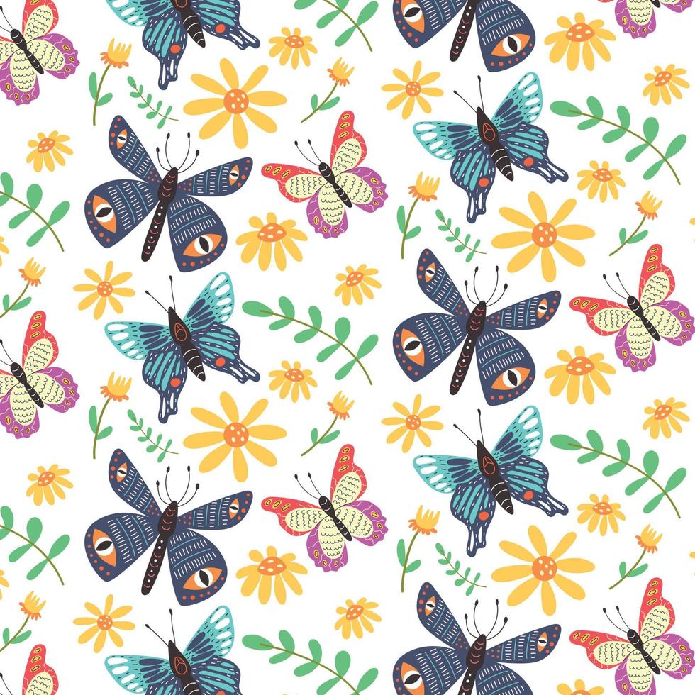 patrón sin costuras de mariposas brillantes y flores silvestres vector