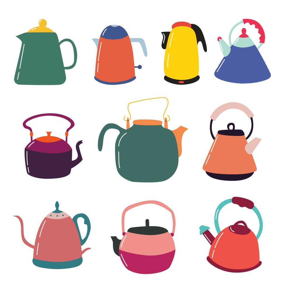 Set of custard kitchen teapots. Kitchen colorful appliances. Tea party vector