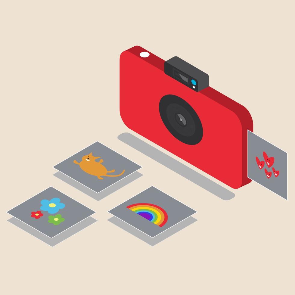 Red camera for instant shots. A snapshot appears with photos of flowers, a cat and a rainbow. Color camera. Lens. Thin gadget for photos. Photo card. Isometry vector