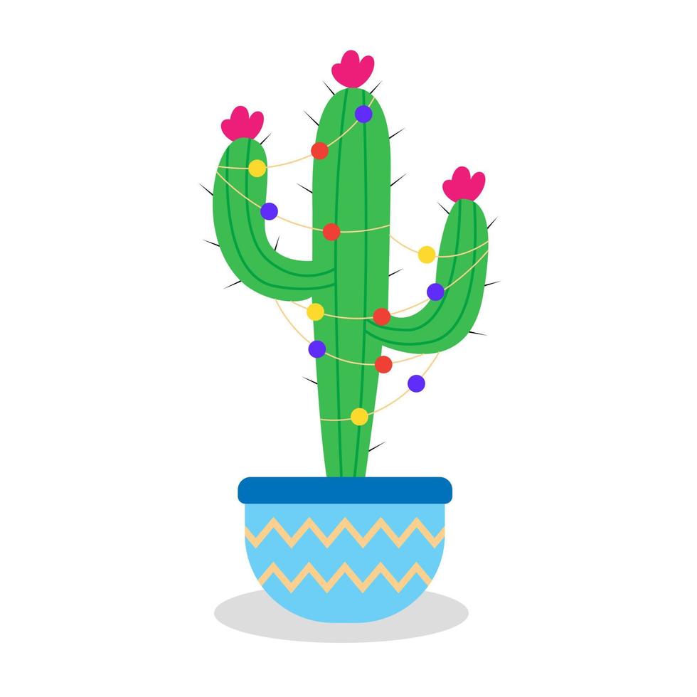 Christmas cactus with garlands in a pot. Green cactus with thorns and flowers. An alternative to traditional Christmas trees vector