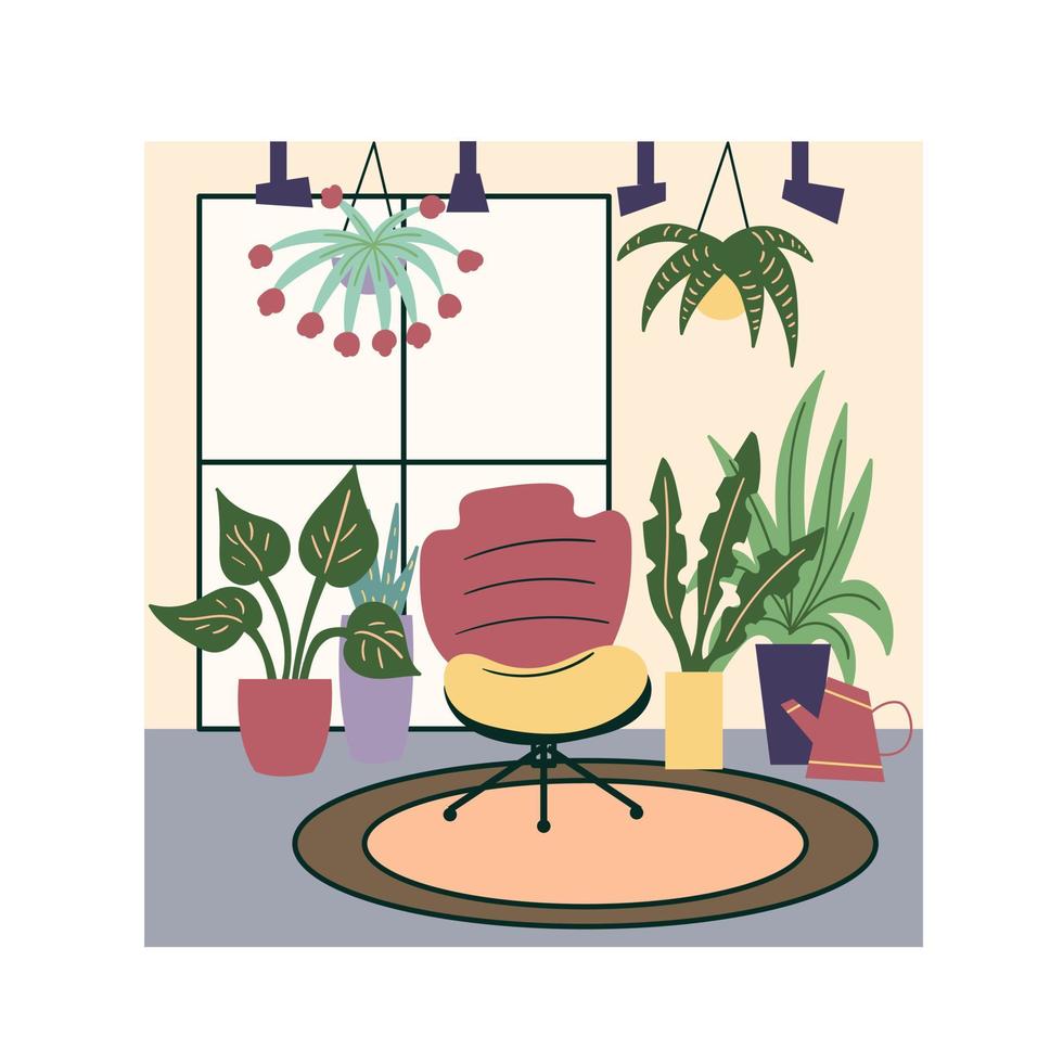 rincón verde de plantas en macetas en el interior moderno del apartamento. un cómodo sillón descansa sobre una alfombra minimalista en una habitación cerca de una ventana rodeada de plantas.habitación acogedora.ilustración vectorial vector