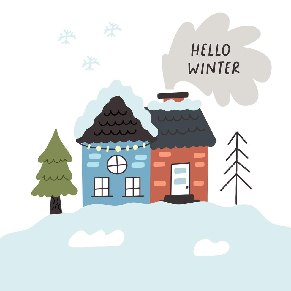 tarjeta de navidad invierno casa hola invierno vector