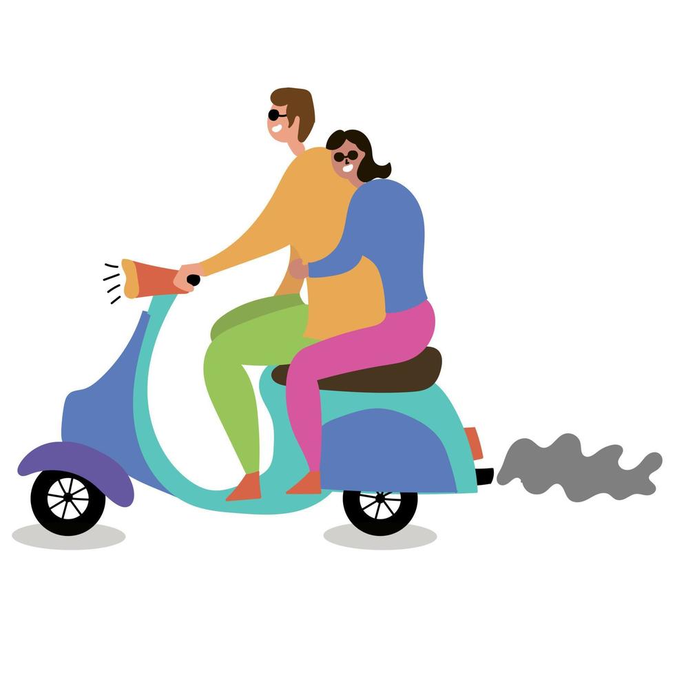 Couple in love riding a moped. Mass tourism. Inspire to travel vector