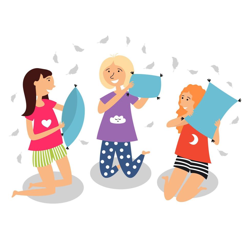 Children staged a pillow fight. Children in pajamas spend the night with friends. Girlfriends pajama party vector