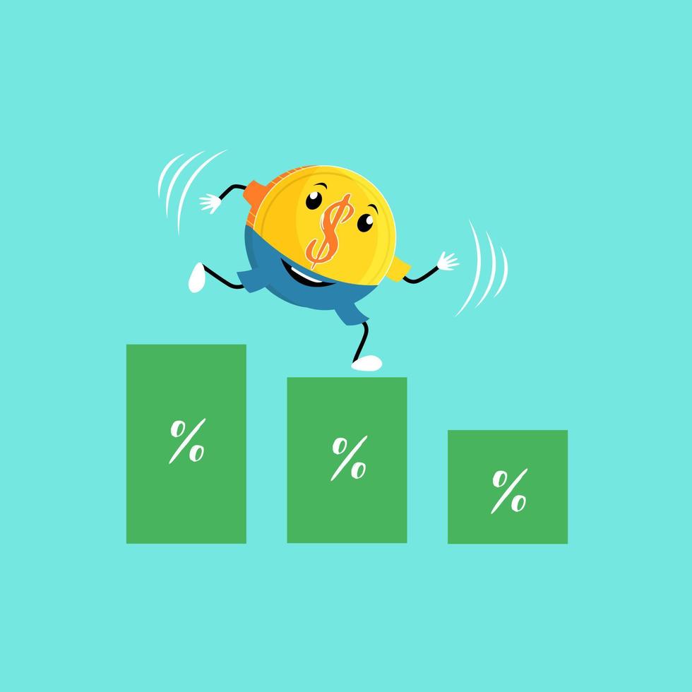 Reduction of the price rate. Rate cut. The falling dollar profit. Character coins the dollar vector