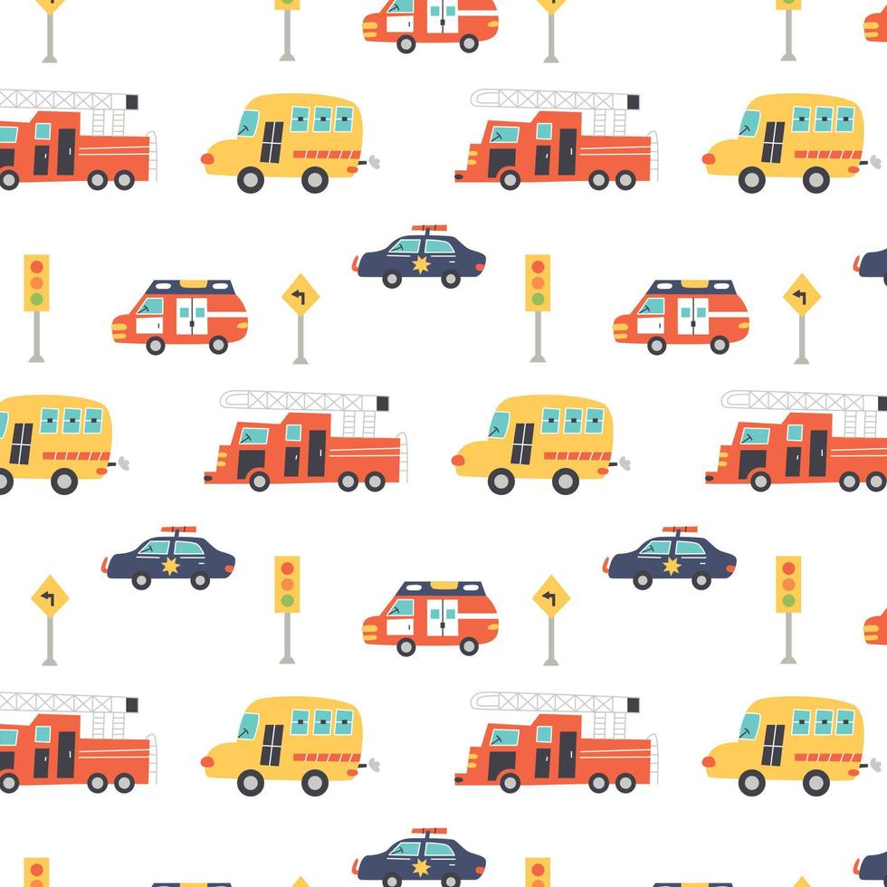 Pattern with fire truck, ambulance, police and road signs vector