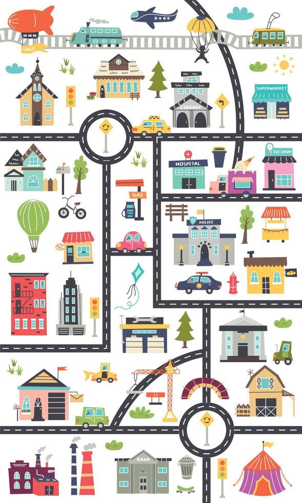 Vertical children's map with roads, cars, buildings vector