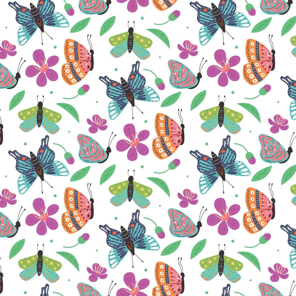 Seamless pattern of bright butterflies and leaf flowers vector