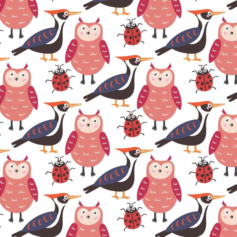 Pattern forest animals owl woodpecker ladybug vector