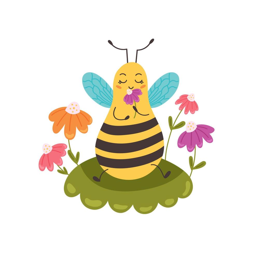 Bee sitting on a flower lawn vector