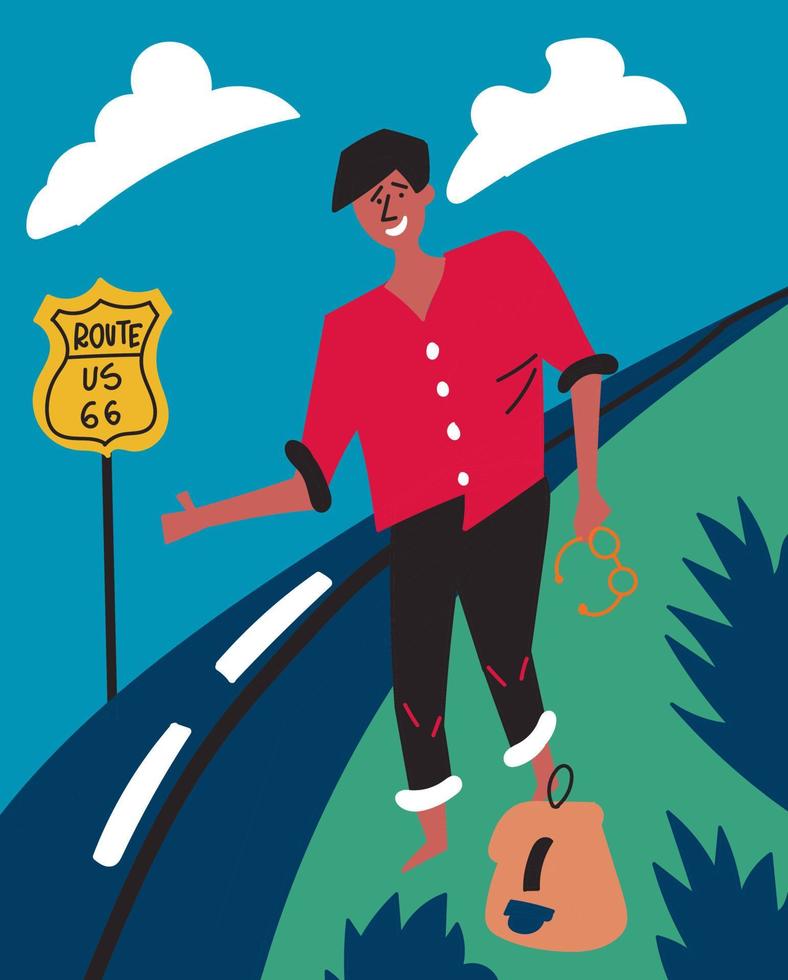 Dark-skinned guy votes on Highway 66 in the USA. Hitch-hiking. Journey through America vector