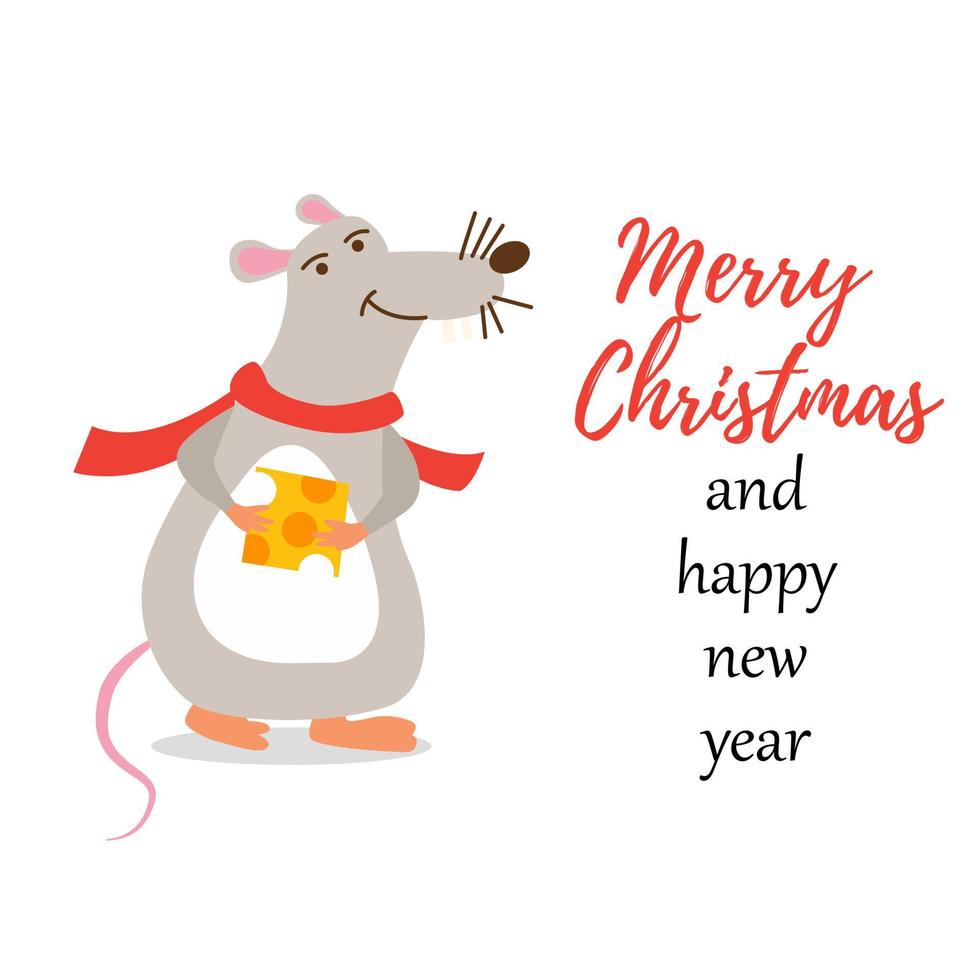 Christmas character rat. Happy New year and merry Christmas. Gray mouse with yellow Parmesan cheese vector