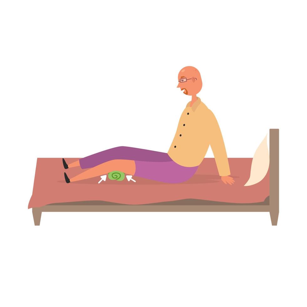 A man does a leg workout with a towel on the bed vector