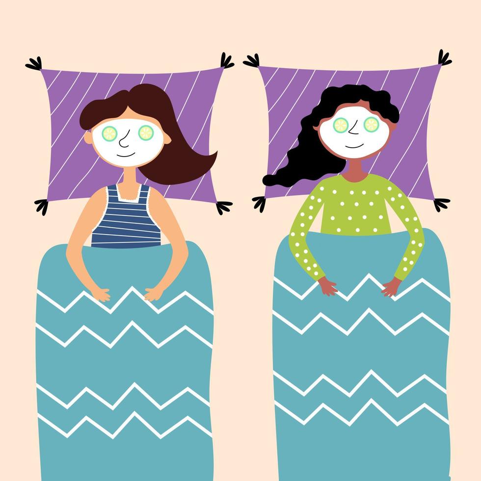 Girlfriends are lying on the bed. Teenage girls make cosmetic masks. Children in pajamas spend the night with friends. Pajama party vector