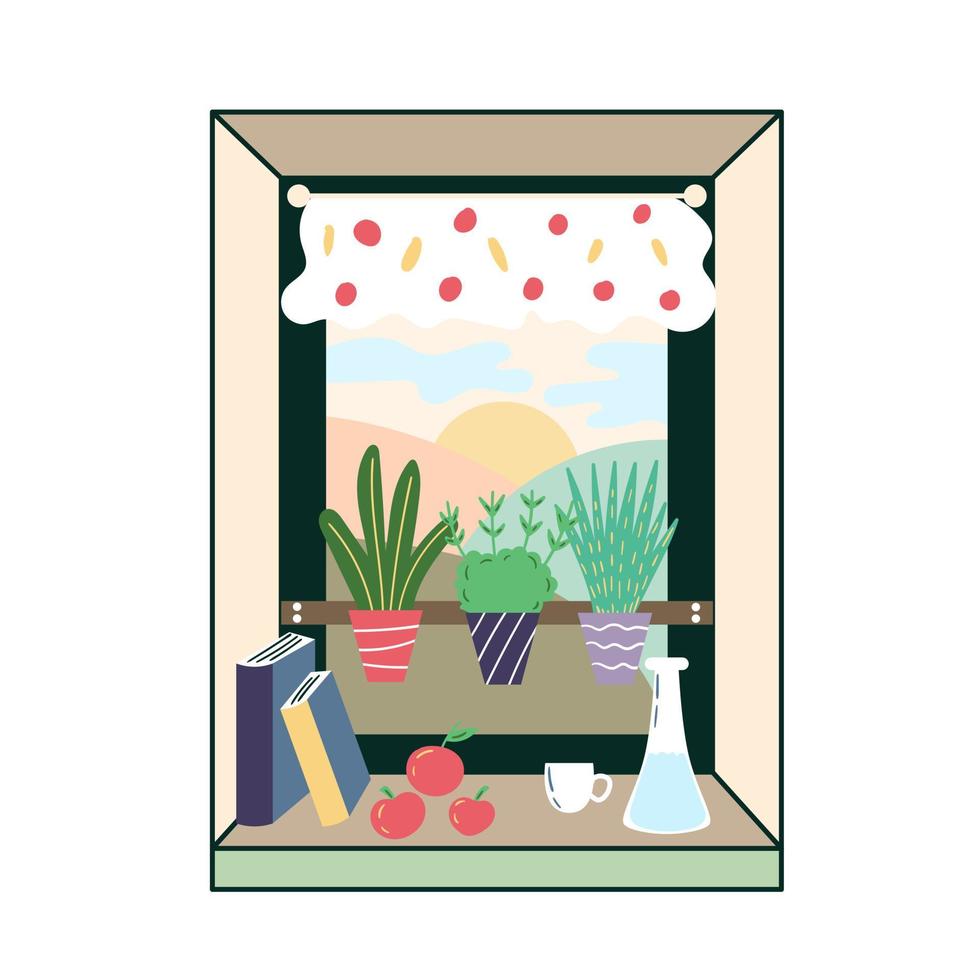 Greens on the kitchen windowsill. Green corner in the room. The cozy interior of the Windows in the room. Potted plant. Vector editable illustration