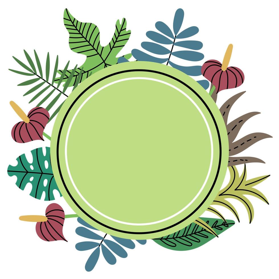 Circle shaped tropical jungle plant frame. Green circle frame. Exotic leaves. Editable Vector Illustration