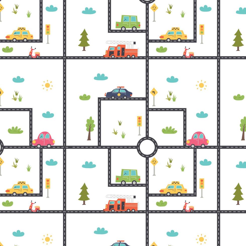 Pattern with a road map and cars vector