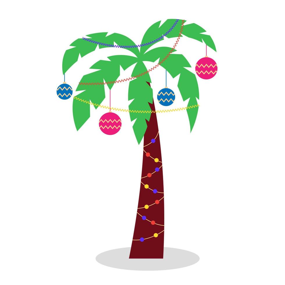 Christmas palm tree with garlands of tinsel and Christmas toys. Palm tree with green leaves. An alternative to traditional Christmas trees vector