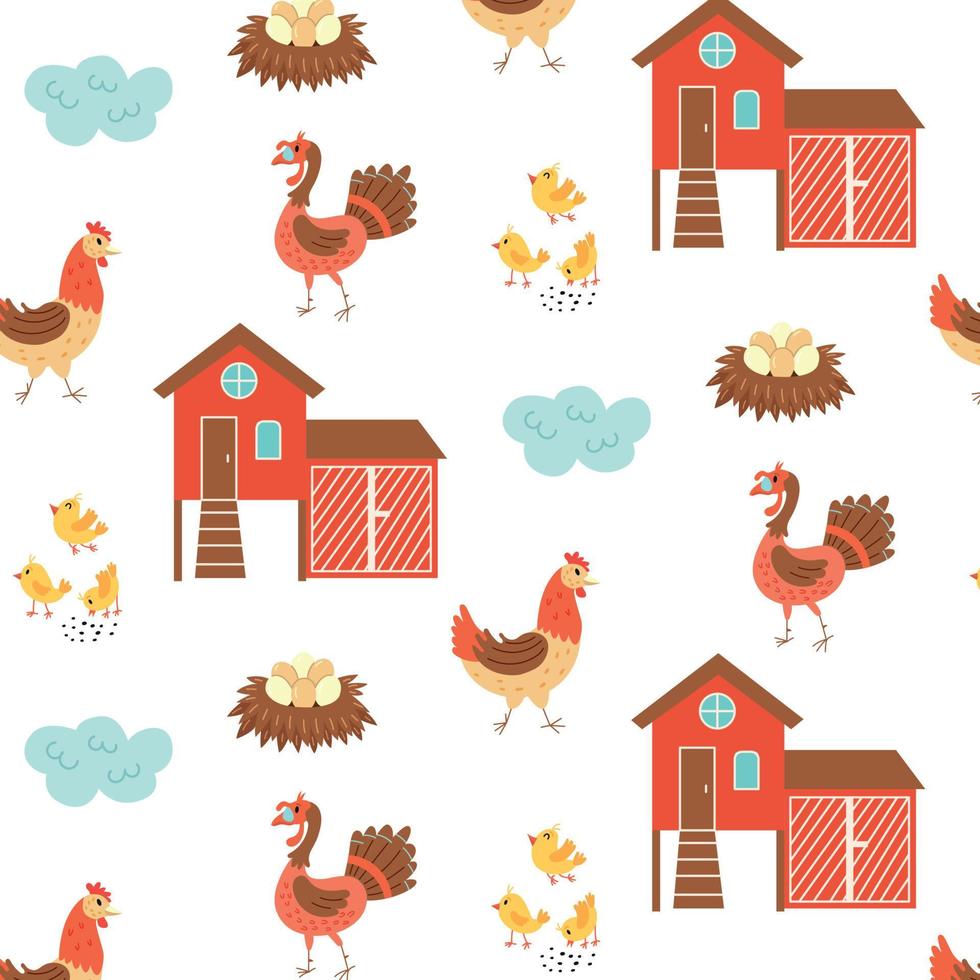 Seamless pattern chicken coop turkey farm birds vector