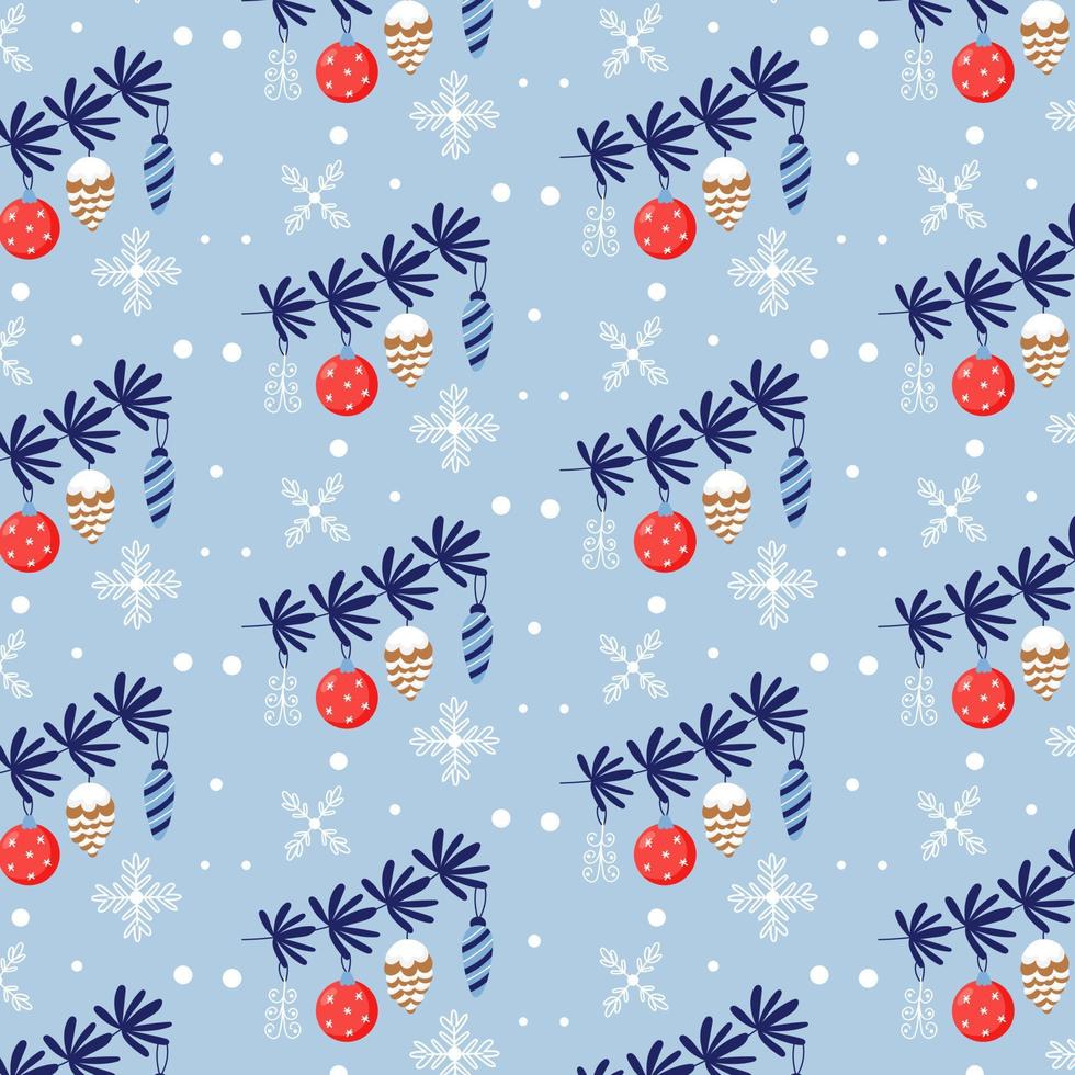 Seamless vector pattern of Christmas tree branch and Christmas toys