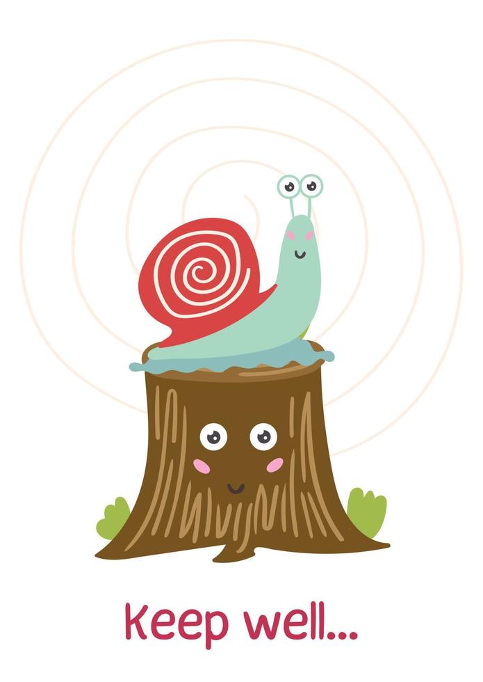 Cute snail sitting on a tree stump. Positive children greeting card. Vector illustration