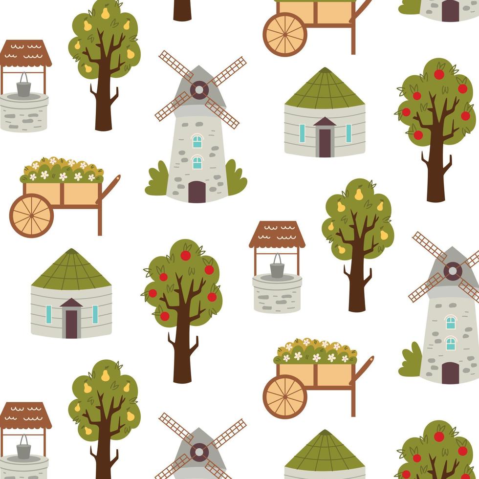 Seamless pattern elevator mill fruit trees vector