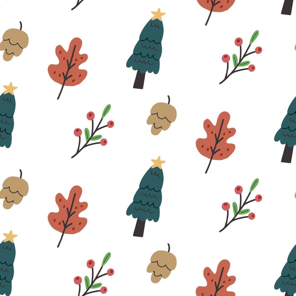 Seamless pattern Christmas tree leaves cone rowan vector