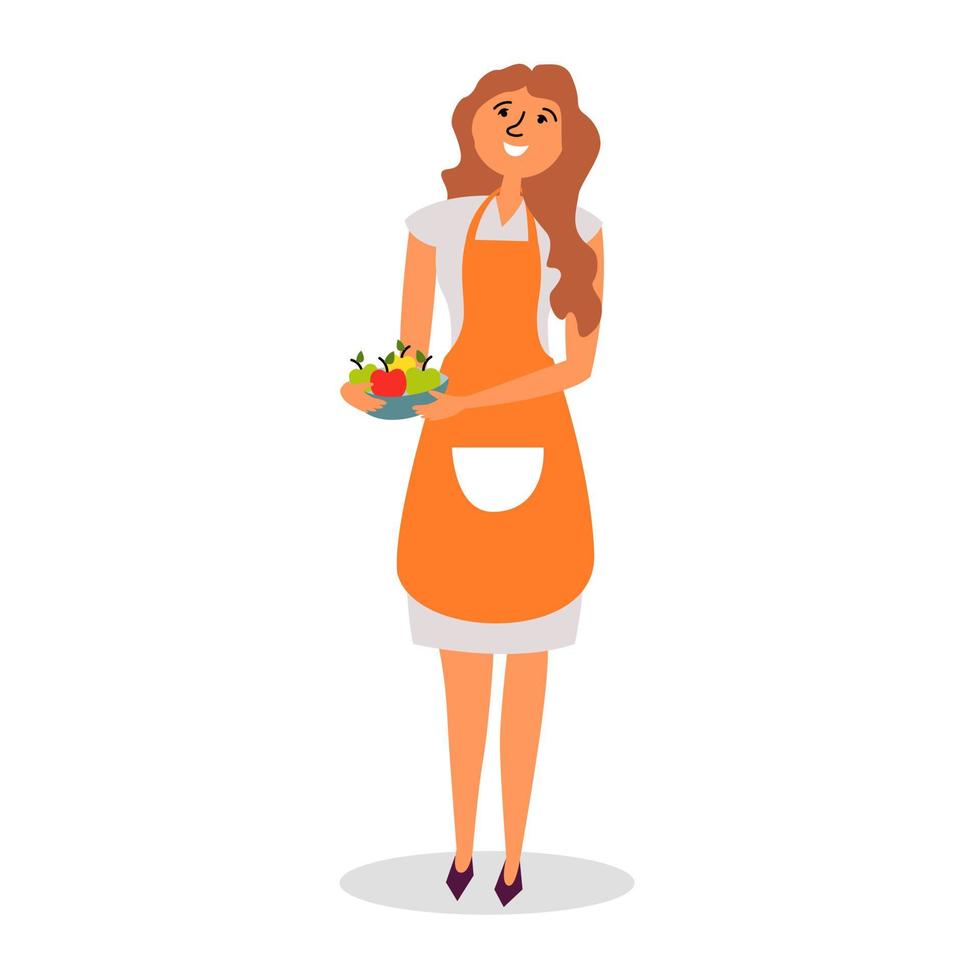 A girl in an apron carries a tray of apples. Housewife cook, cooking dessert vector
