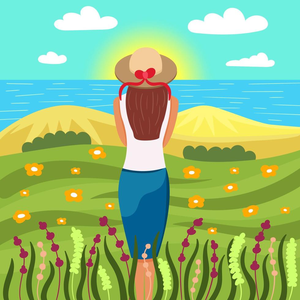 Girl meets the dawn in nature. Beautiful scenery of the sea, fields and sand. Man alone with nature. Editable Vector Illustration