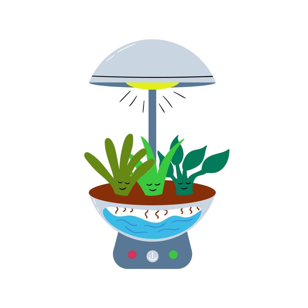 Modern hydroponics for growing grains and seeds of plants. Home mini green garden with greenery. Green corner in the apartment. Aero Garden. Landscape invention. Automatic watering of indoor. Cartoon vector