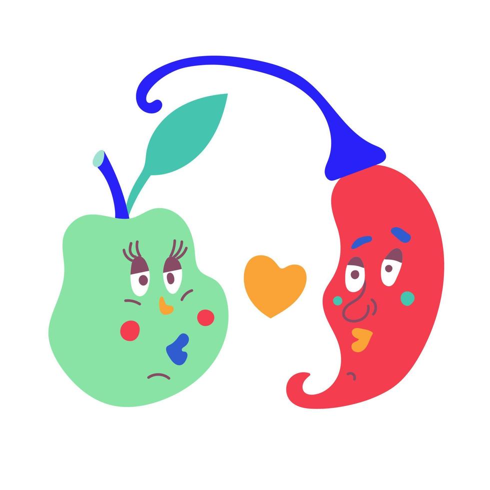Loving couple of vegetables apple and chili pepper vector