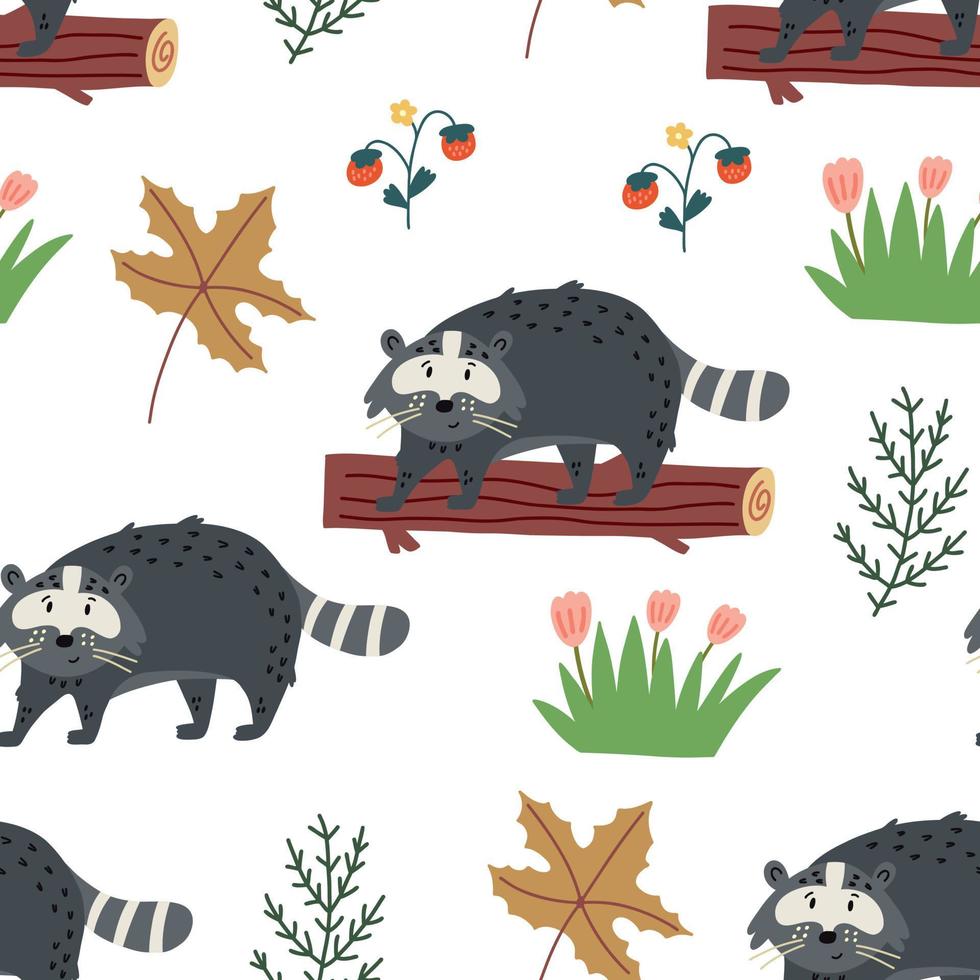 Seamless children pattern forest raccoon vector