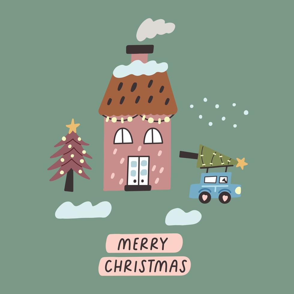 Christmas card winter house on a green background vector