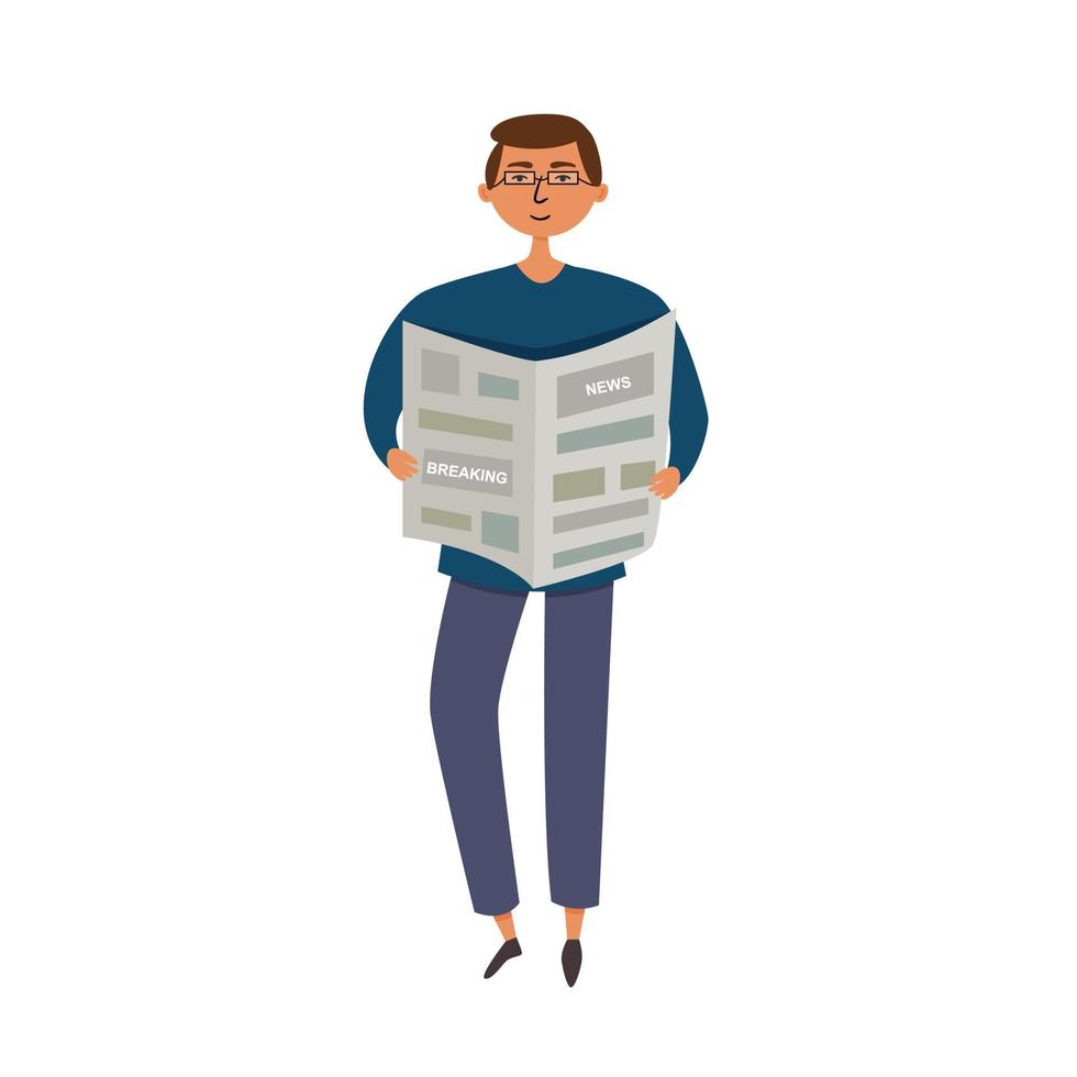 A man reads the news in the newspaper. The man in glasses is holding a black and white newspaper. Vector editable illustration