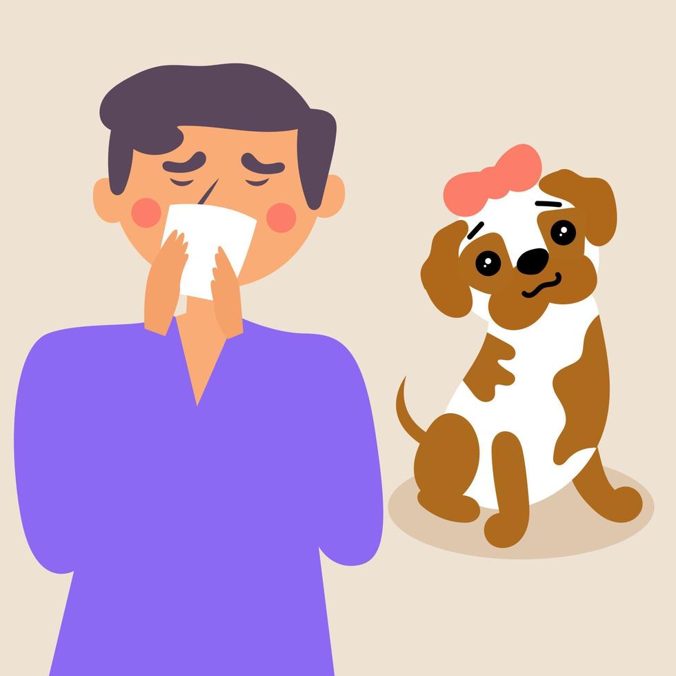 The guy sneezes into a handkerchief. Allergy to animal hair vector