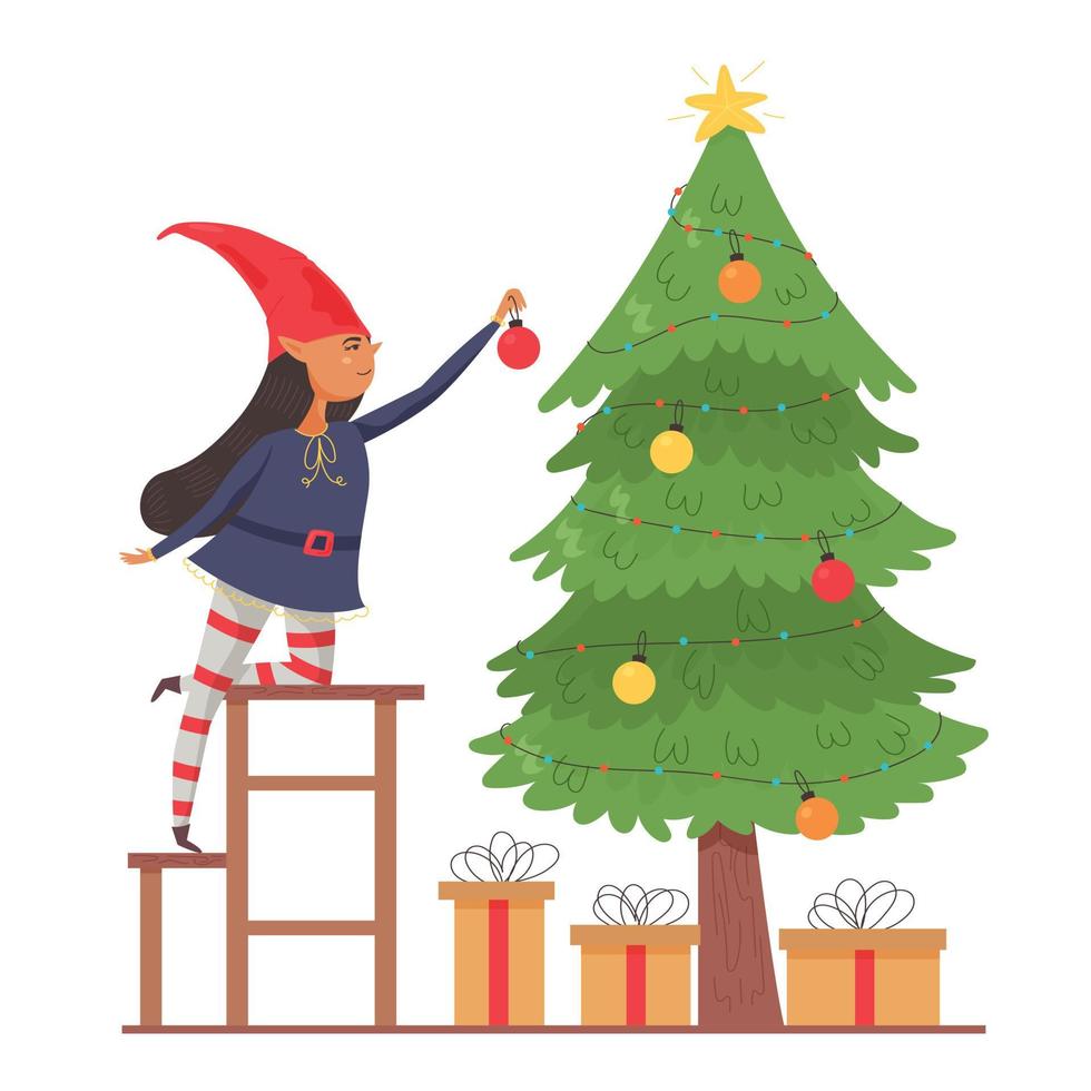 niña elfa decora el árbol de navidad vector