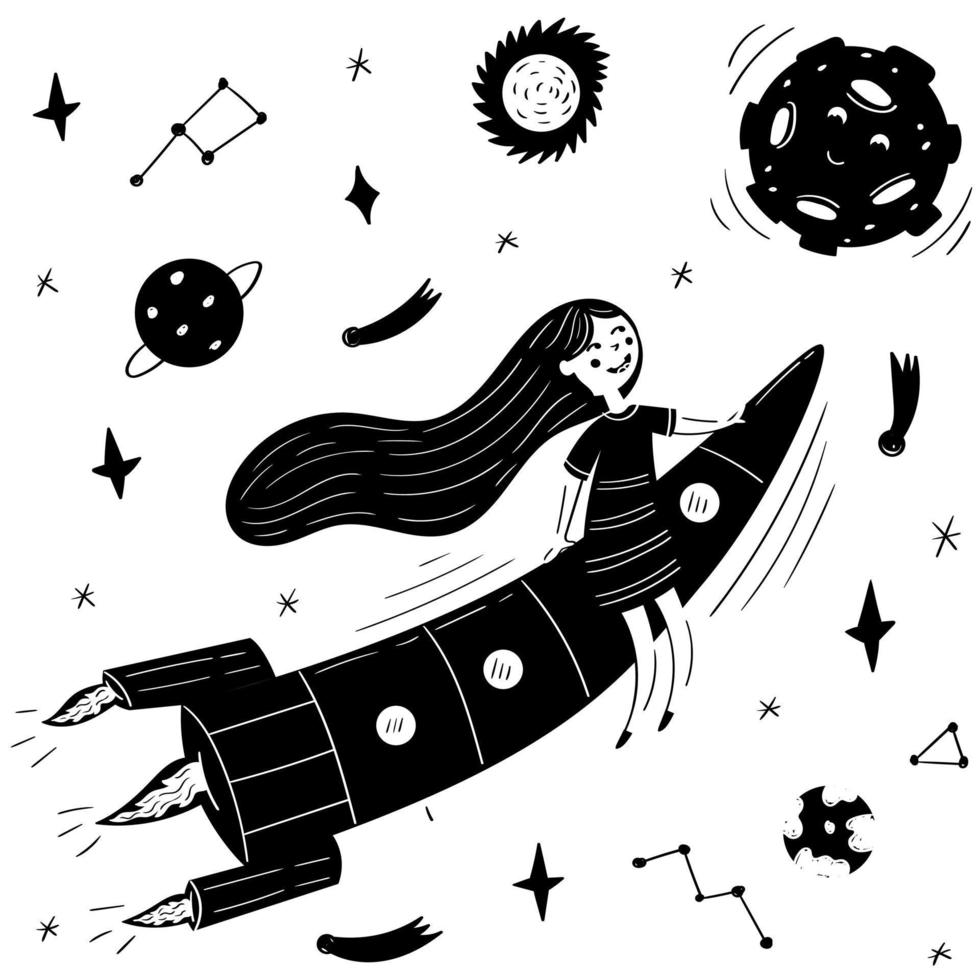 Girl with long hair flying on a rocket vector