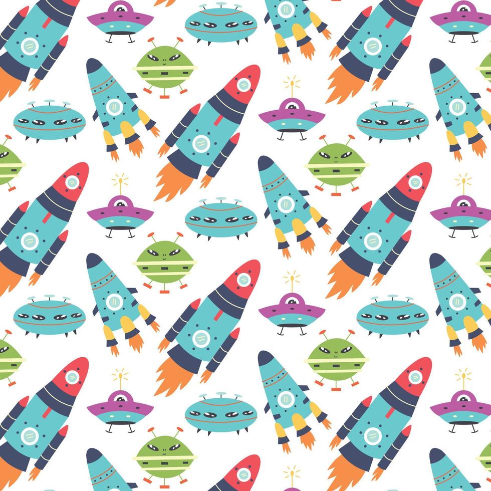 Seamless pattern with rockets and alien ships vector